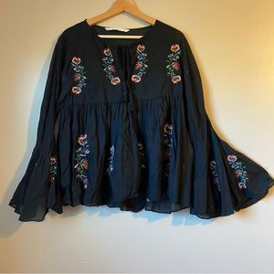 Zara Black Floral Embroidered Long Bell Sleeve Boho Fall Blouse